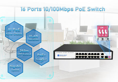 Switch PoE+ non géré à 16 ports, avec 2 Gigabit RJ45 et 1 Gigabit SFPUplink, SP5210-16PFE2GE1GF