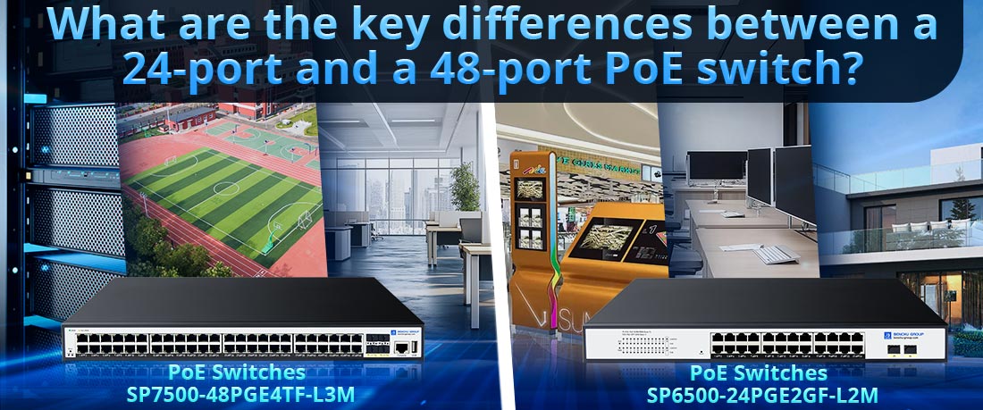 What are the key differences between a 24-port and a 48-port PoE switch?