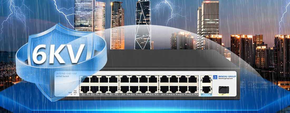 24 Port 10/100M PoE Switch 6kv lightning protection