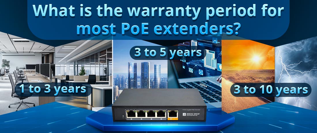 What is the warranty period for most PoE extenders?