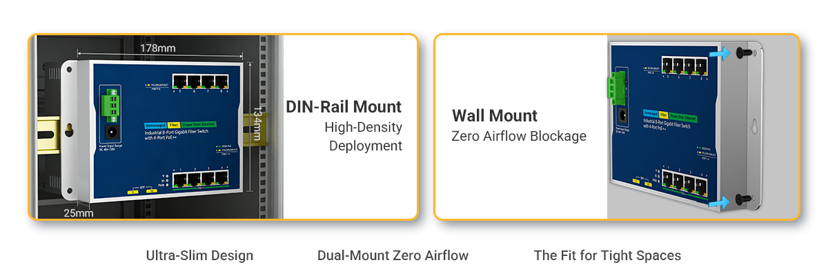 flat switch fits into narrow enclosures, traffic cabinets, and DIN-rail panels where space is limited