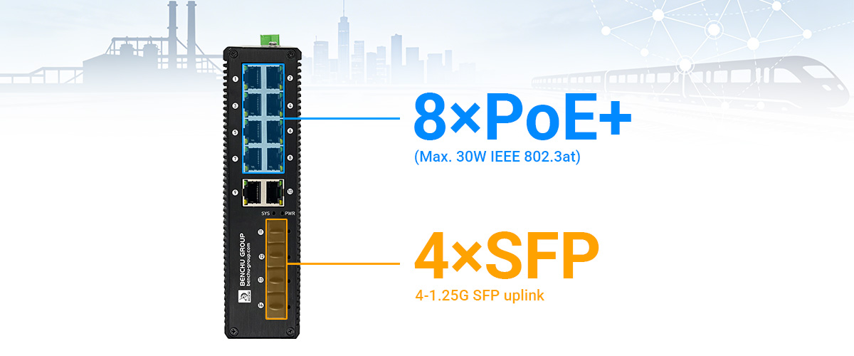 gigabit managed industrial PoE switch provide 8 PoE+ 10/100/1000Mbps RJ45 ports, 4-10/100/1000Mbps RJ45 ports and 4-1.25G SFP uplink gigabit managed industrial PoE switch provide 8 PoE+ 10/100/1000Mbps RJ45 ports, 4-10/100/1000Mbps RJ45 ports and 4-1.25G SFP uplink