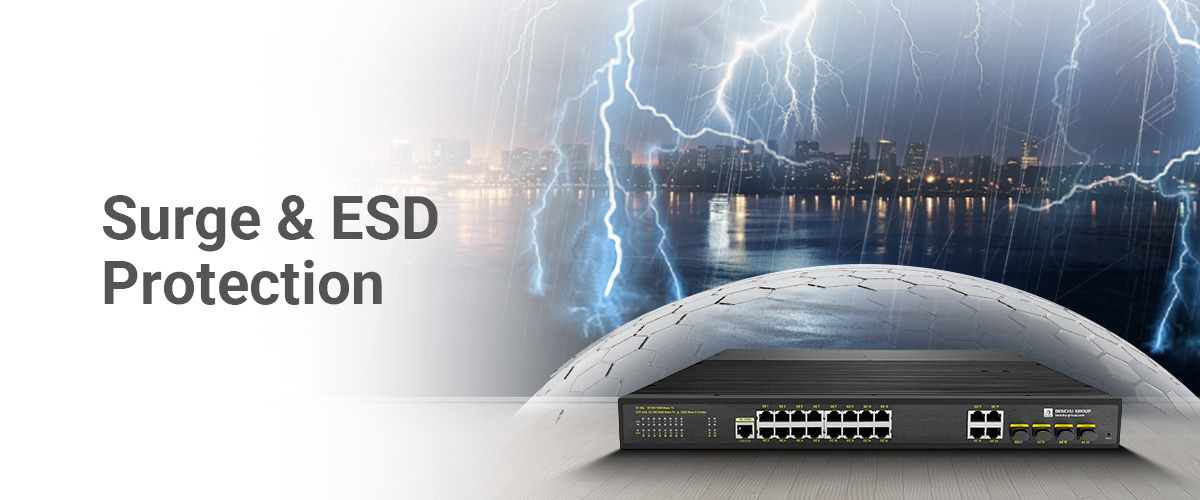 16 port industrial PoE switch includes advanced protection against electrical surges and electrostatic discharge (ESD) 16 port industrial PoE switch includes advanced protection against electrical surges and electrostatic discharge (ESD)