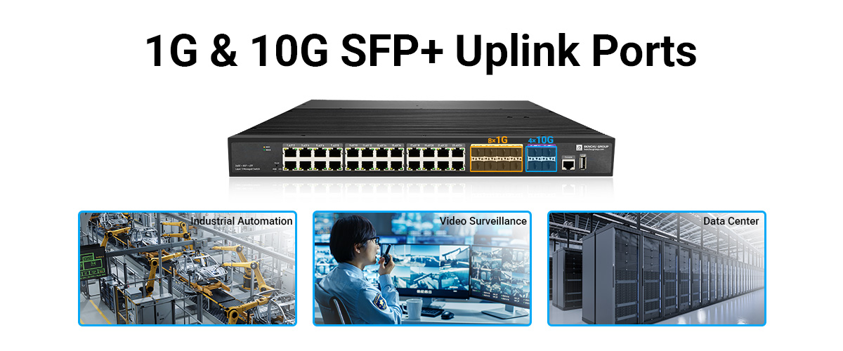 24-port PoE industrial switch has 8 1G SFPs and 4 10G SFP+ uplinks 24-port PoE industrial switch has 8 1G SFPs and 4 10G SFP+ uplinks