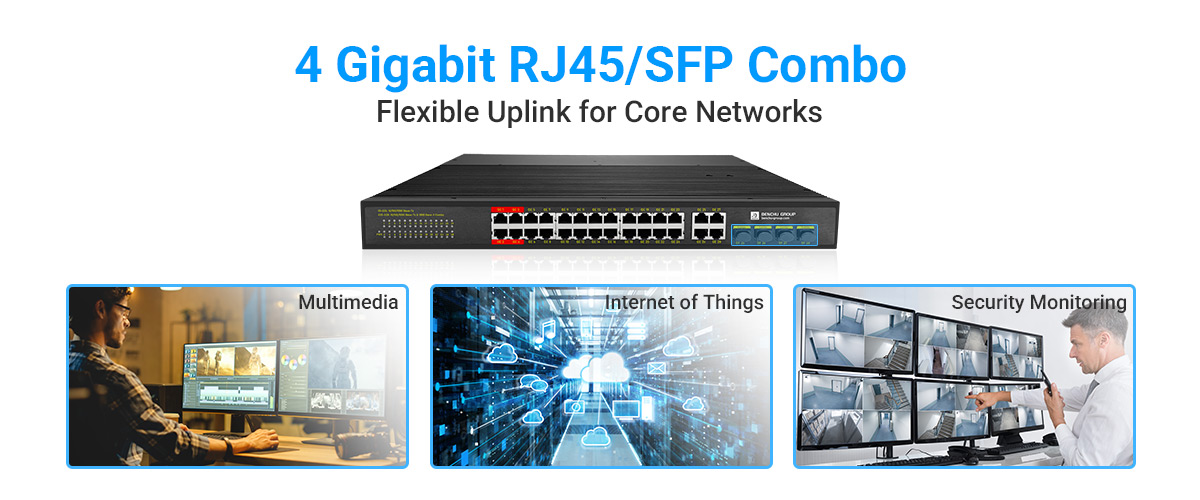 4 Gigabit RJ45 SFP Combo Uplink Ports 4 Gigabit RJ45 SFP Combo Uplink Ports