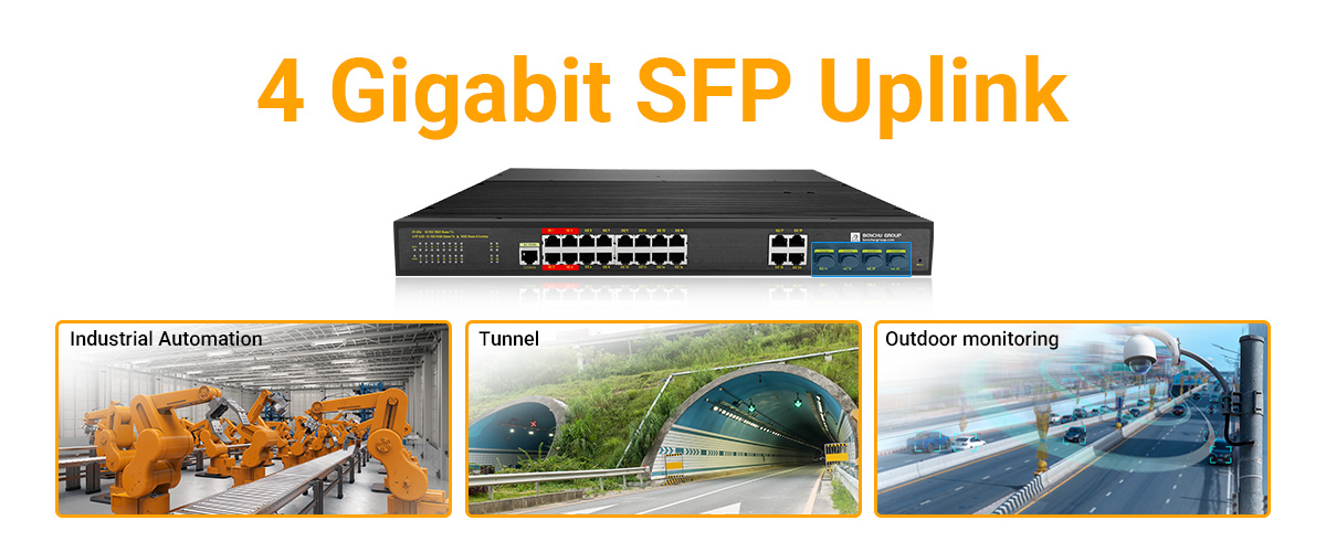 16 port managed industrial PoE++ switch provides 4 Gigabit RJ45 SFP combo uplink ports 16 port managed industrial PoE++ switch provides 4 Gigabit RJ45 SFP combo uplink ports