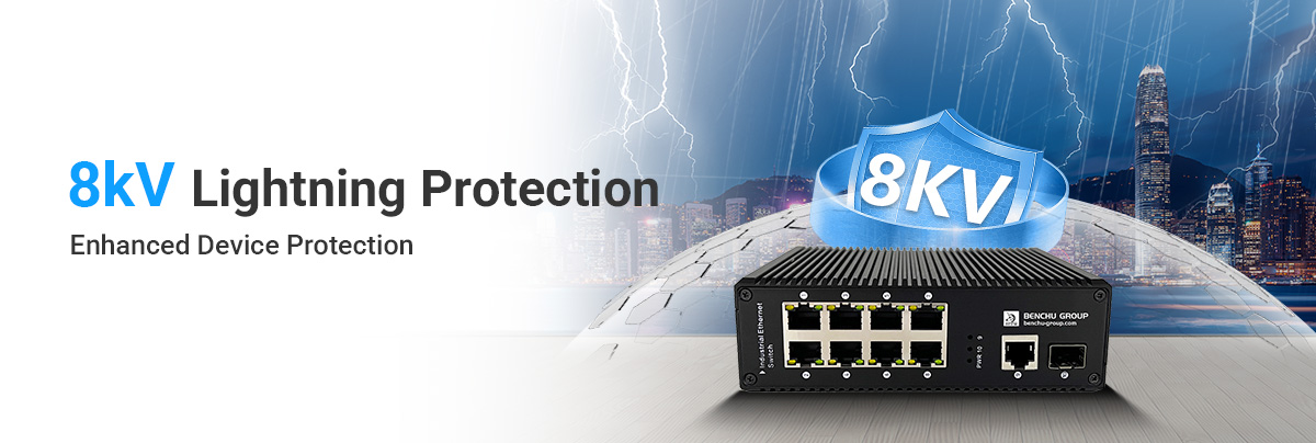 8 Ports Gigabit Industrial PoE Switch Support 8kV lightning protection