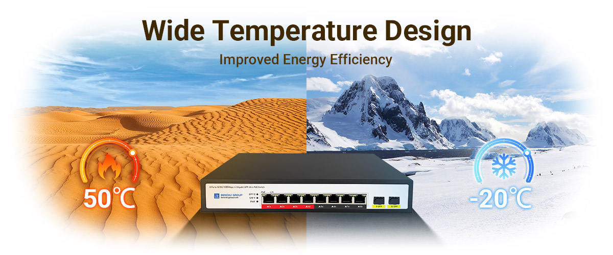 8 port PoE+ switch with a wide temperature range simplify network expansion into areas with challenging environmental conditions 8 port PoE+ switch with a wide temperature range simplify network expansion into areas with challenging environmental conditions