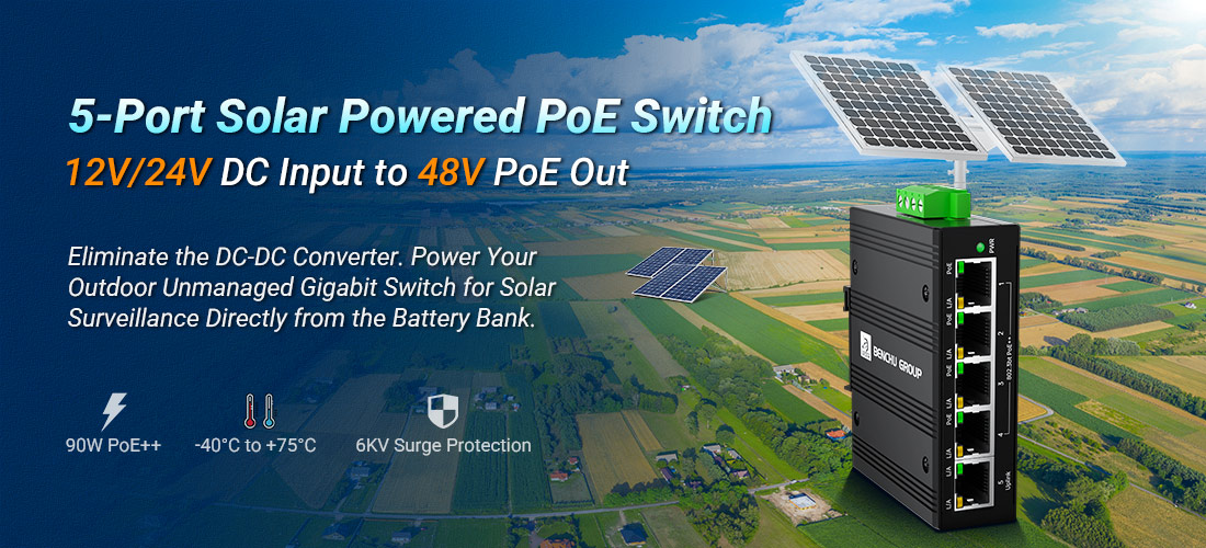 Solar PoE Switch Integrated 48V Boost for Direct 12V24V Battery Operation