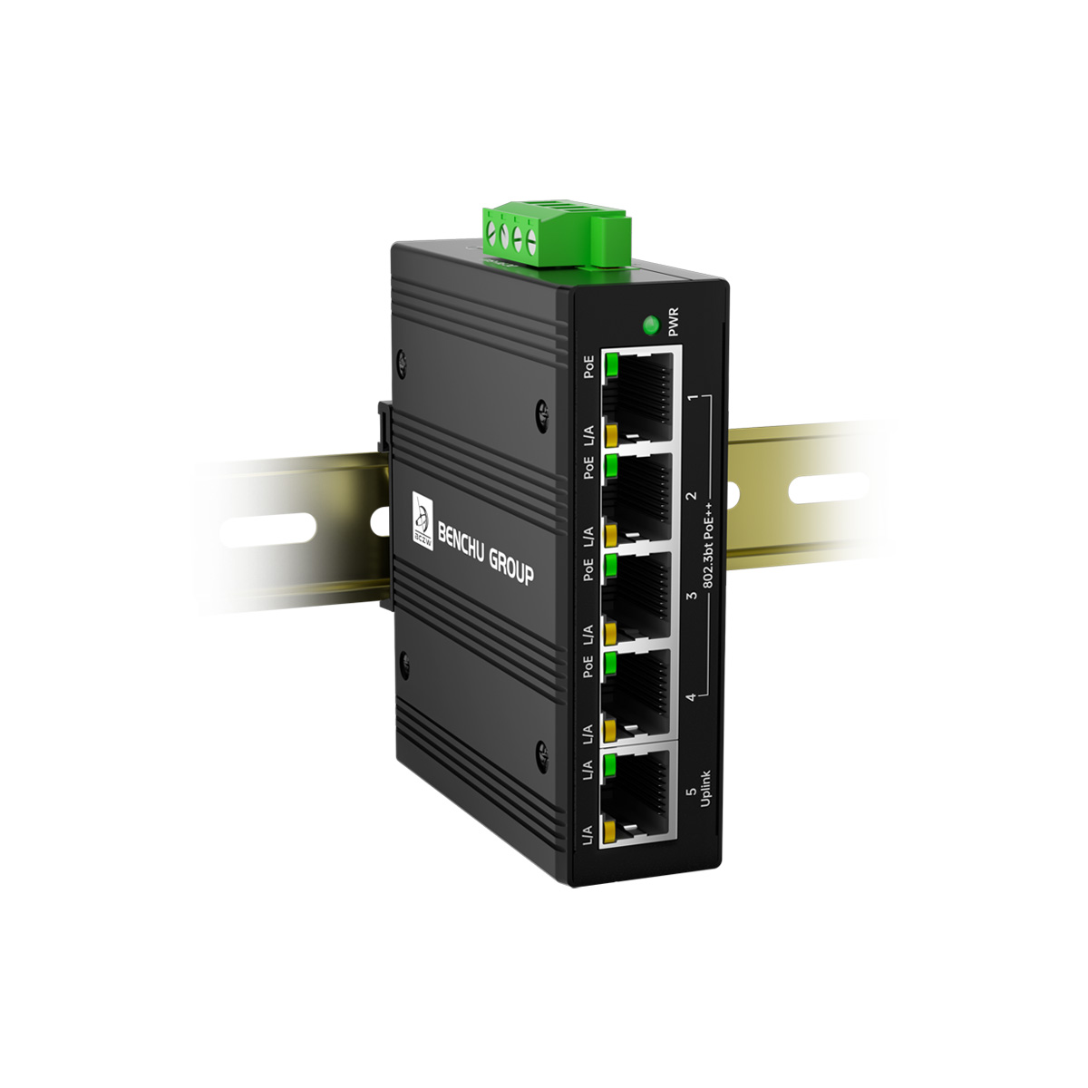 Front view of a rugged 5-port BT PoE switch designed for solar-direct or battery DC input, delivering up to 90W per port with 12V-to-48V boost technology, ideal for powering high-demand devices in remote off-grid locations.