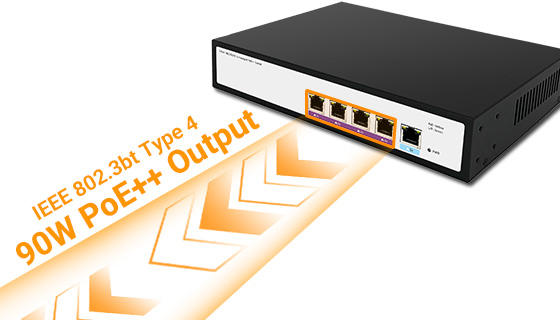 90W Ultra PoE++ IEEE 802.3bt Type 4 Power Port Injection Single network copper port delivering up to 90W IEEE 802.3bt Type 4 power output to drive high-draw edge devices.