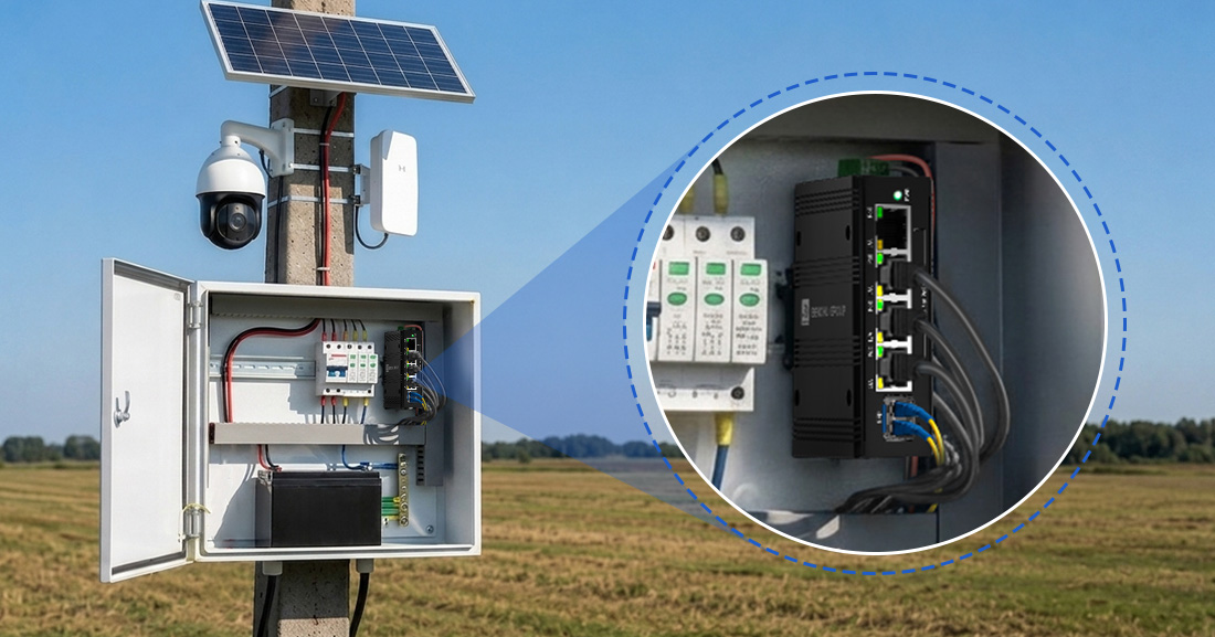 Industrial Solar Switch inside Weatherproof Box connected to 12V Battery and PTZ Camera