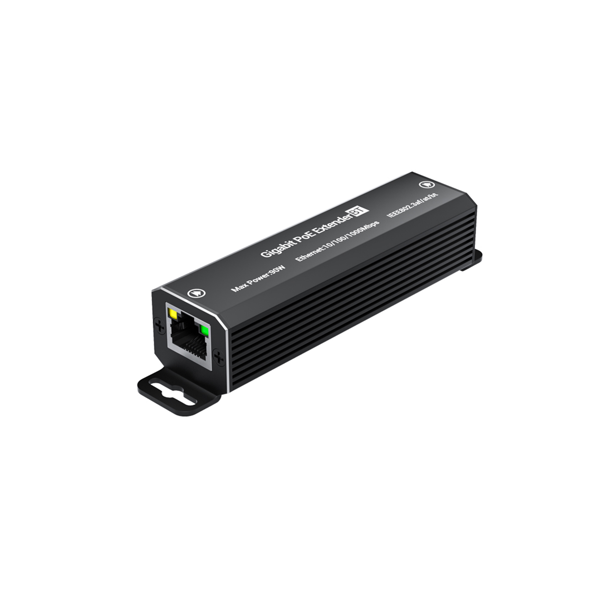 Left angled view of Benchugroup 90W industrial PoE repeater showing gigabit RJ45 input port and LED status indicators.