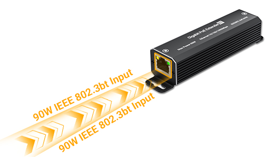 Industrial 90W PoE repeater upstream gigabit RJ45 port accepting IEEE 802.3bt power over ethernet.