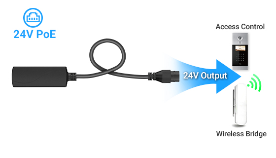 Regulated 24V Passive PoE Output for Outdoor Wireless Gear Regulated 24V passive PoE output port delivering stable power to outdoor wireless CPE and bridges.