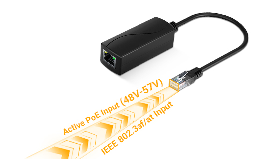 PSE204-ACP24 RJ45 Male Direct-Plug Input for IEEE 802.3af/at PoE Switch PSE204-ACP24 RJ45 male direct-plug input connecting to IEEE 802.3af/at PoE switch port.