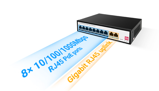 10-port full gigabit ethernet PoE switch featuring 8 PoE ports and dual RJ45 uplink ports for non-blocking high-speed data transmission.