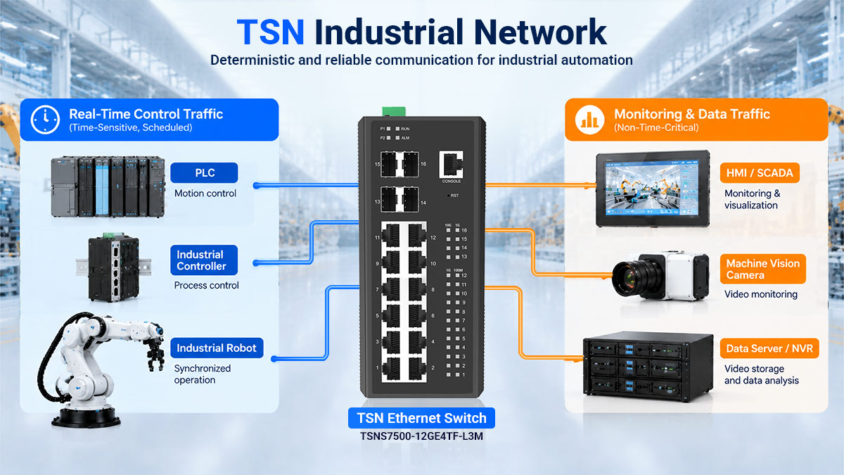 TSN Industrial Network Architecture for Real-Time Control and Monitoring Industrial network application illustrating when to use a conventional managed Ethernet switch or a TSN switch